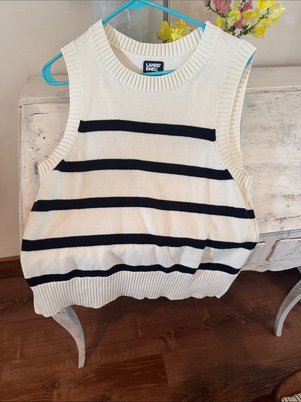Lands' End Cream and Black Striped Knit Sleeveless Sweater Vest